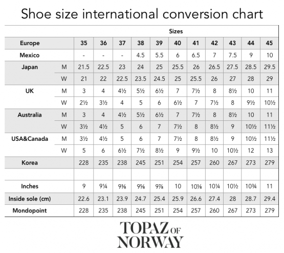 Shoe size international conversion chart - Topaz of Norway - Winter ...