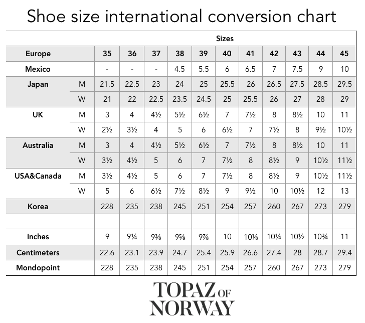 Printable Shoe Size Conversion Chart